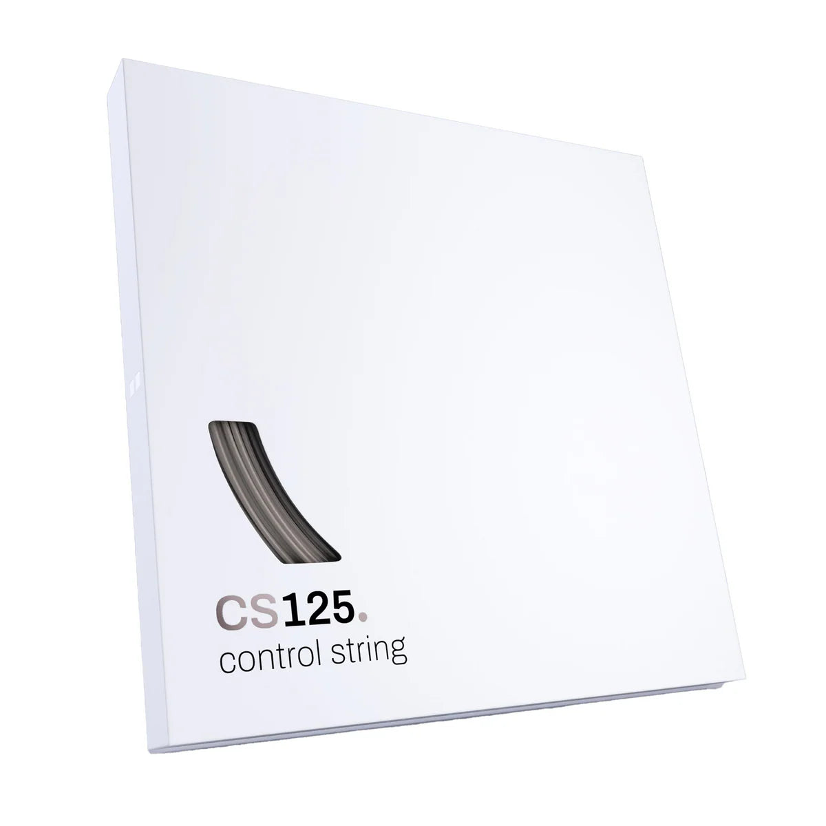 White packaging of CS125 control tennis string set on a white background