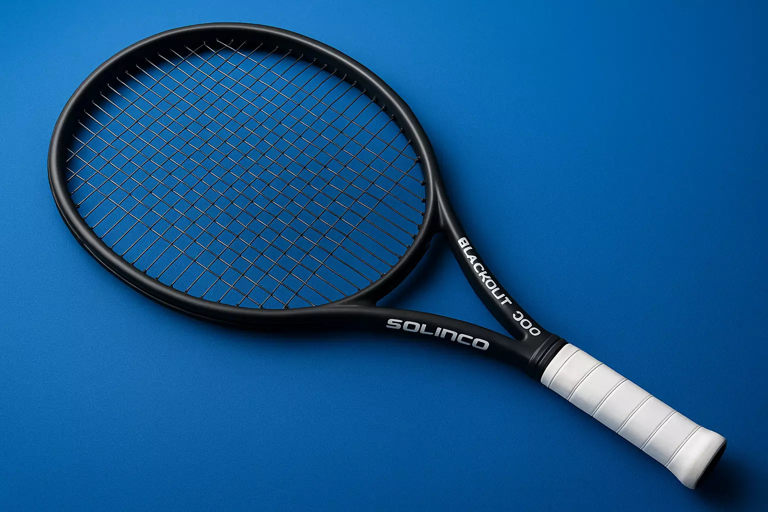 Solinco Blackout 300 tennis racket with Solinco Confidential strings in dark grey on a blue background with an anti clockwise rotation of the racket