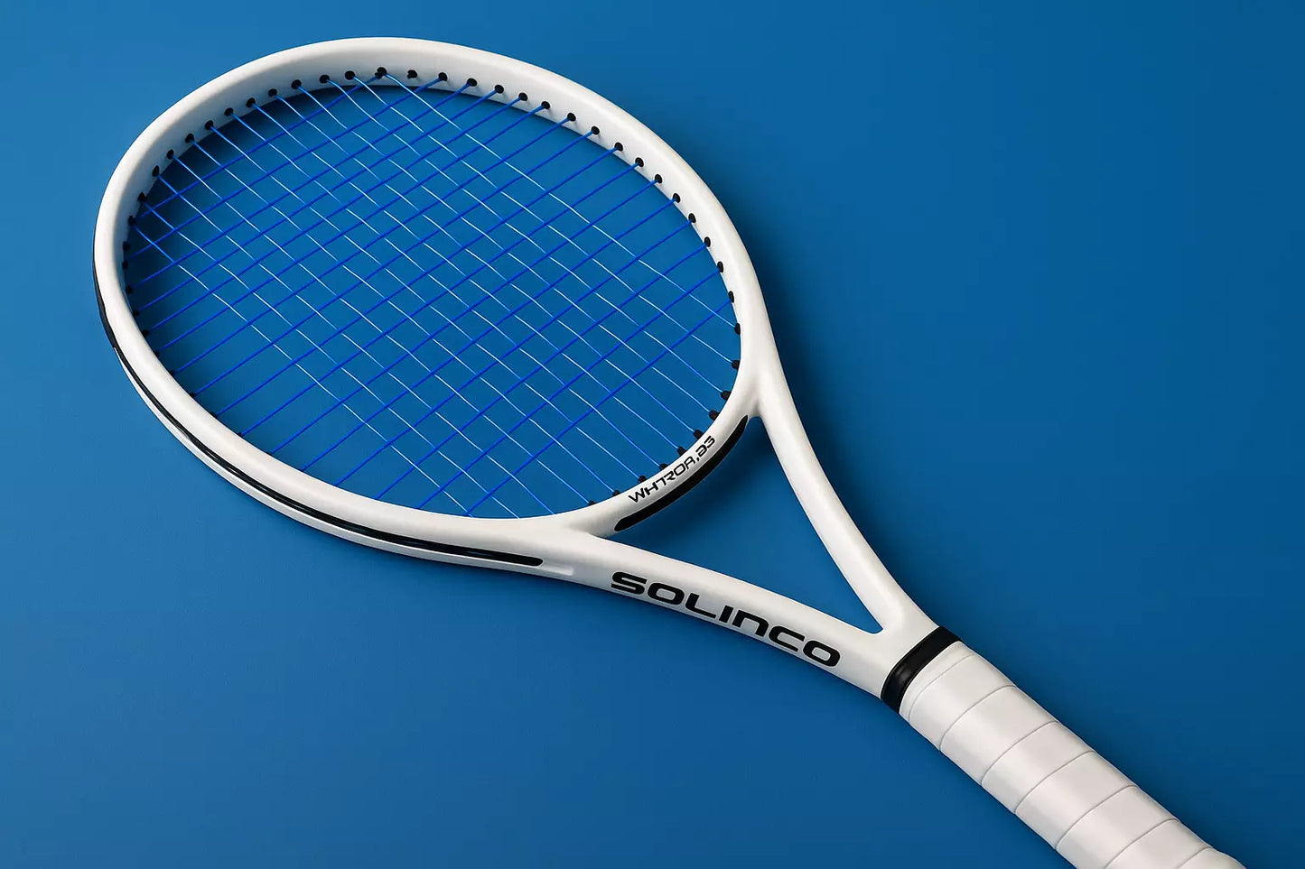 Solinco Whiteout 305 tennis racket with Solinco Mach-10 strings in blue, on a blue background