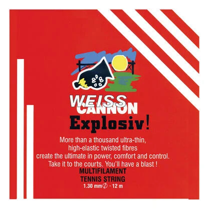 Red packaging for Weiss Cannon Explosiv tennis string with branding and product details.