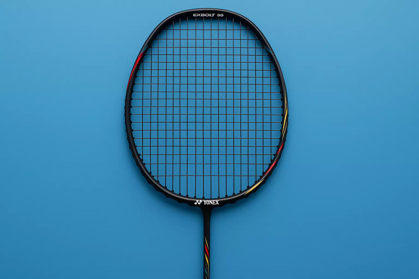 yonex badminton racket with Yonex Exbolt 68 strings in black on a blue background