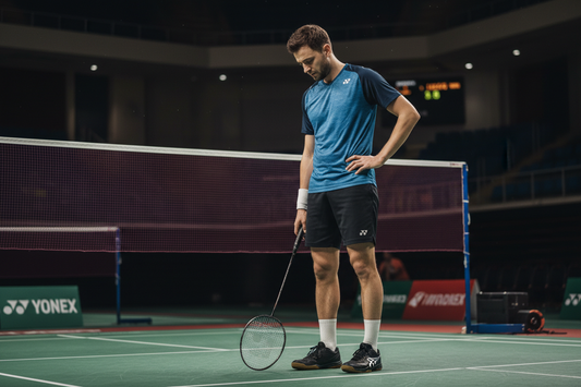 A badminton player deep in thought
