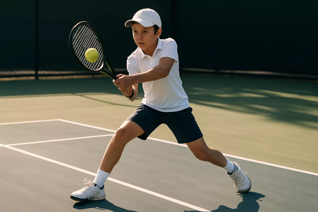 Junior tennis player striking the ball with soft multifilament strings