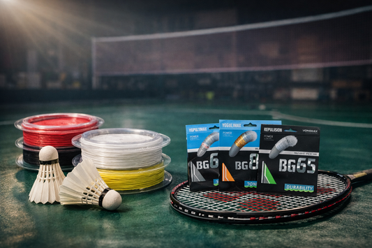 Badminton equipment on badminton sports court