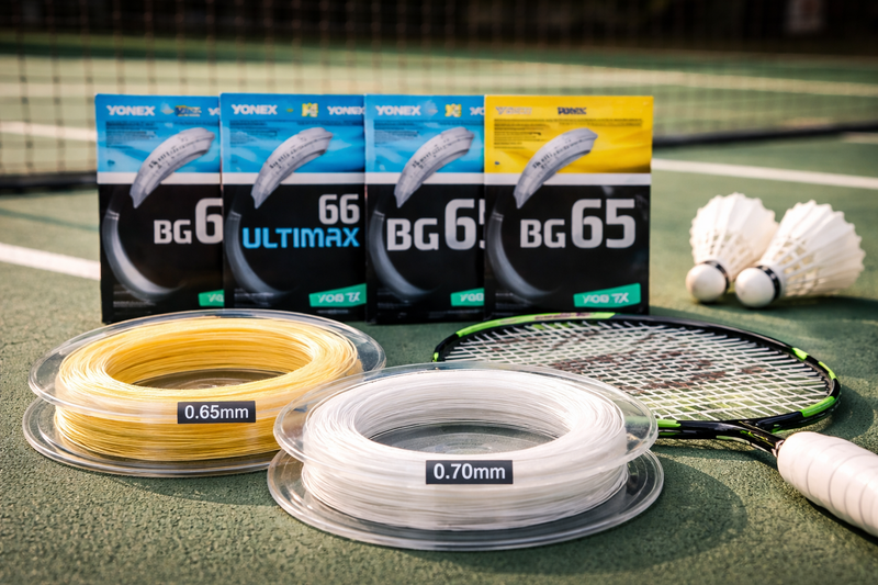 Badminton equipment on green court