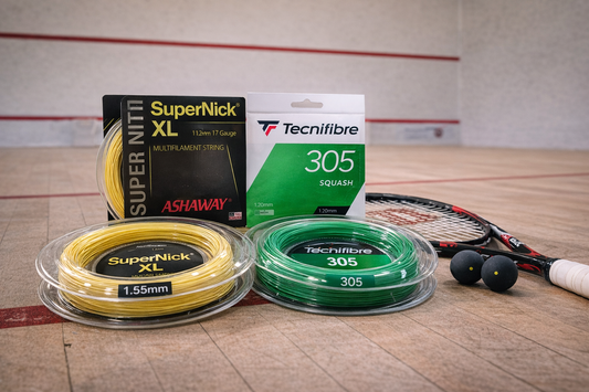 Squash restringing gear on court