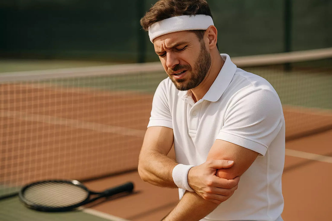 Tennis player holding his arm in pain from suffering from tennis elbow