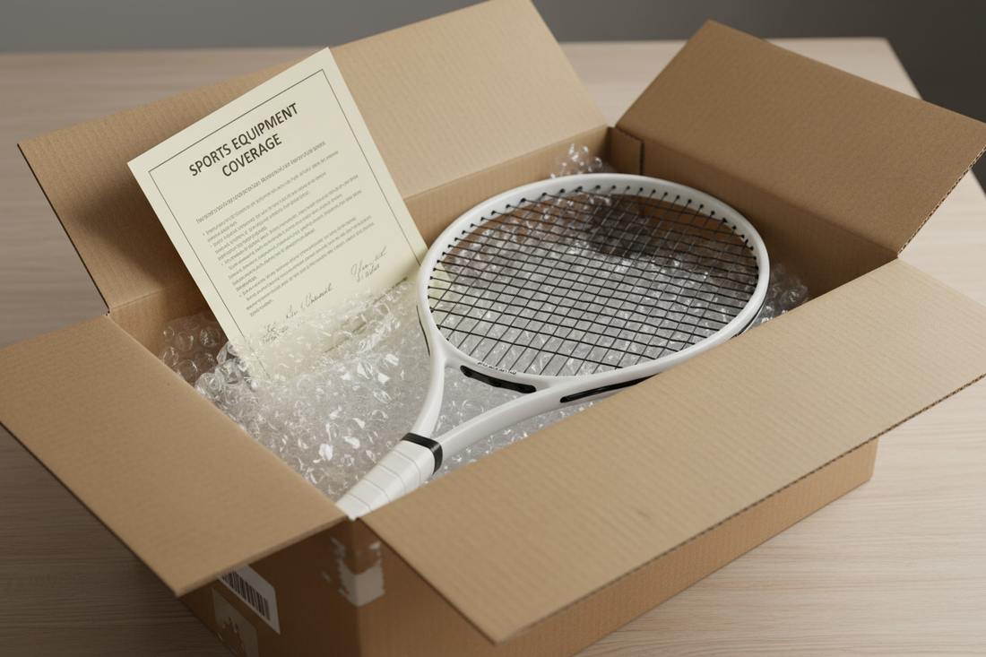 Tennis racket packaged inside a box to be sent off for restringing