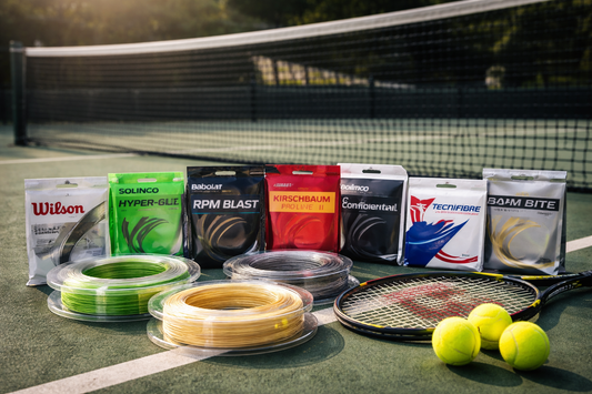 Tennis strings laid out on tennis court