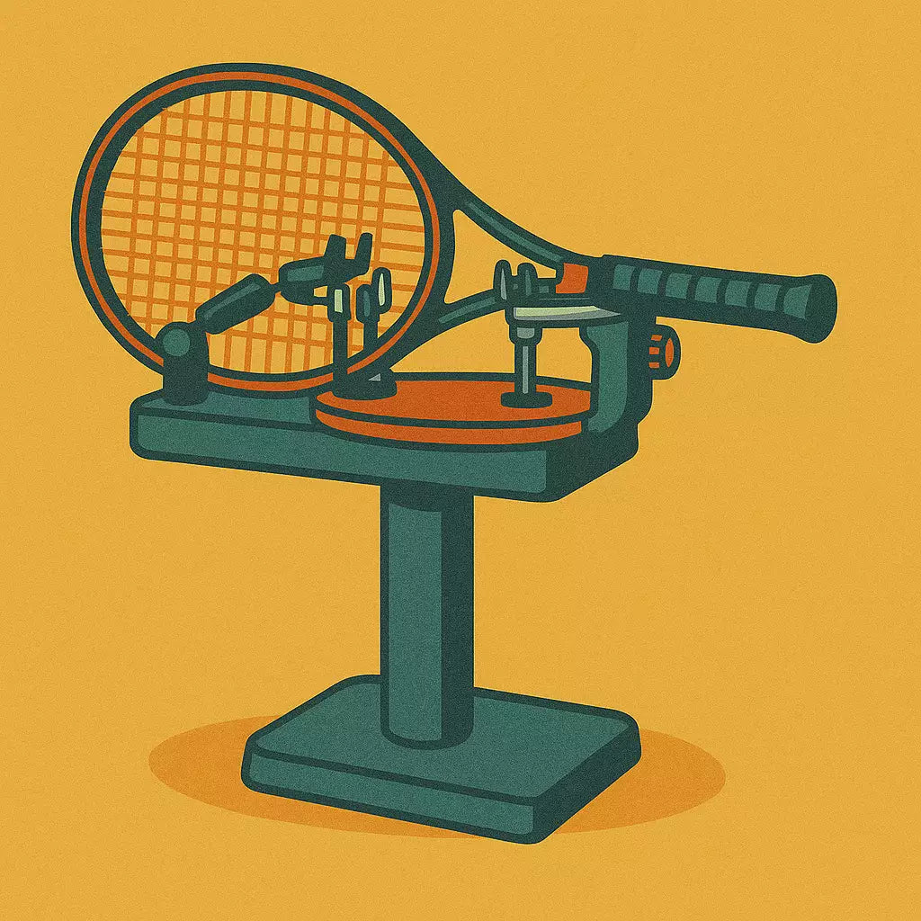 Tennis stringing machine with mounted tennis racket illustration