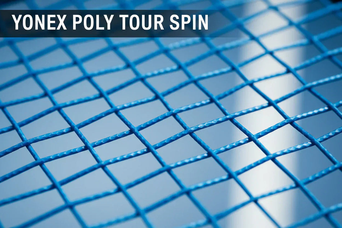 Yonex Poly Tour Spin tennis strings in blue close up shot
