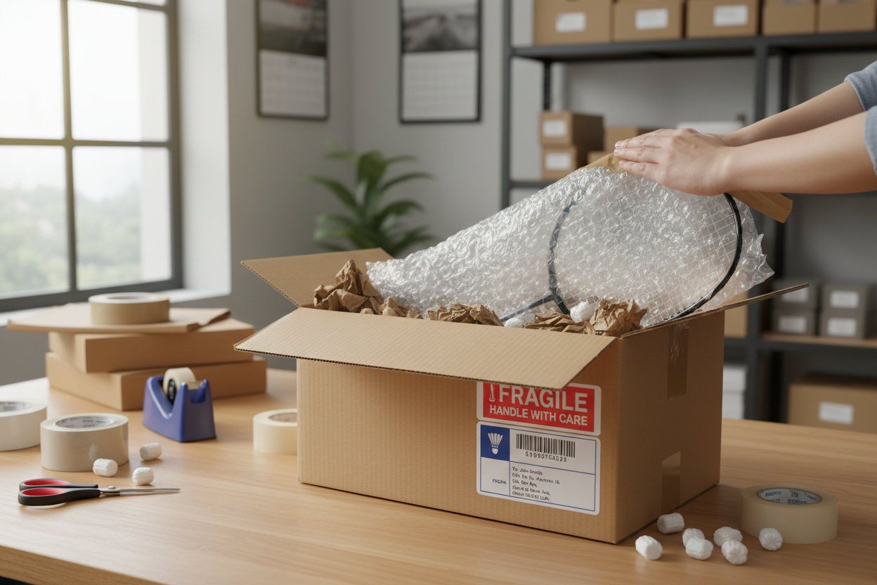A badminton racket being packaged securely to send via a postal service