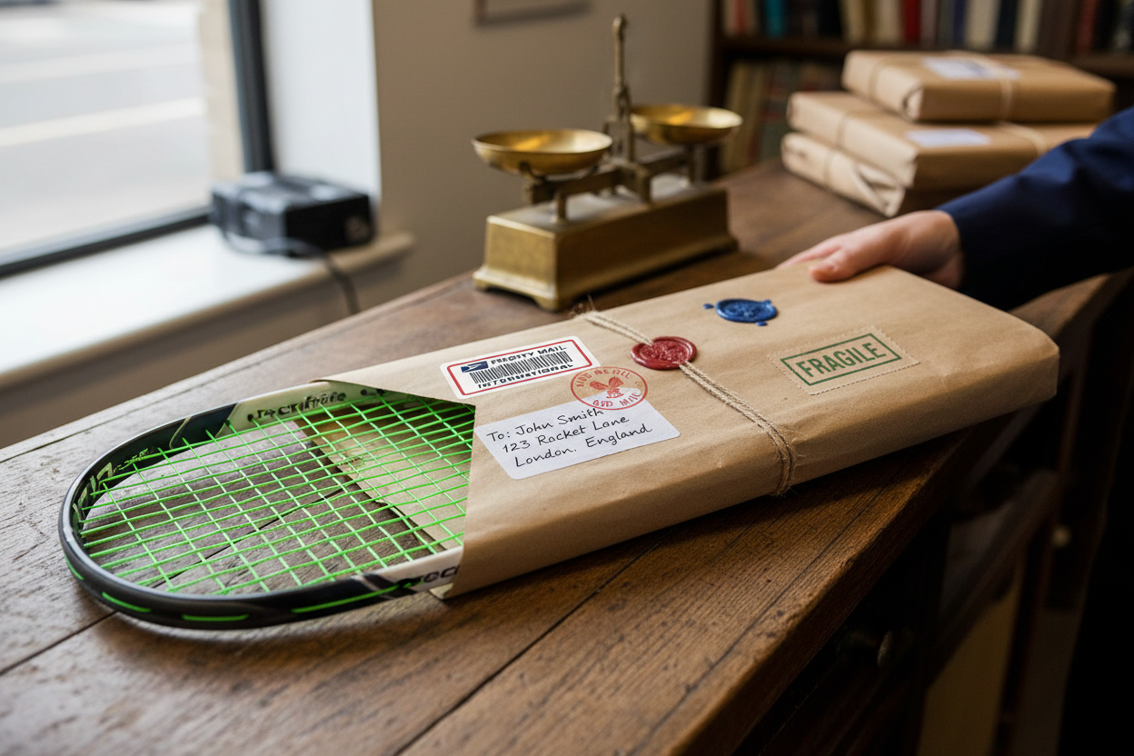Squash racket sent back via the post using Sam's Strings after restringing