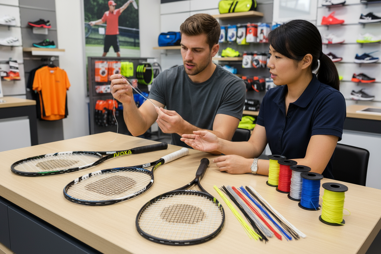 An image that conveys a client being able to decide upon a suitable string for their chosen racket sport of tennis, badminton or squash