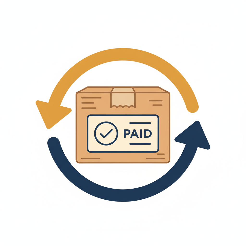 Icon of a cardboard box with a 'PAID' label inside, surrounded by two arrows forming a cycle.
