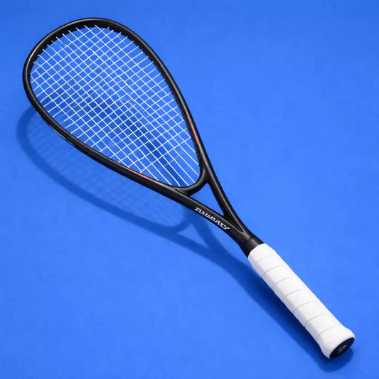 Squash racket with black frame, white handle and Ashaway SuperNick XL strings on a blue background