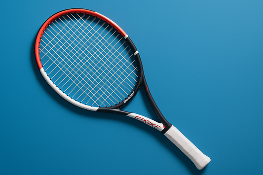 Babolat Pure Strike tennis racket with Babolat synthetic gut strings in white, on a blue background with an anti-clockwise racket orientation