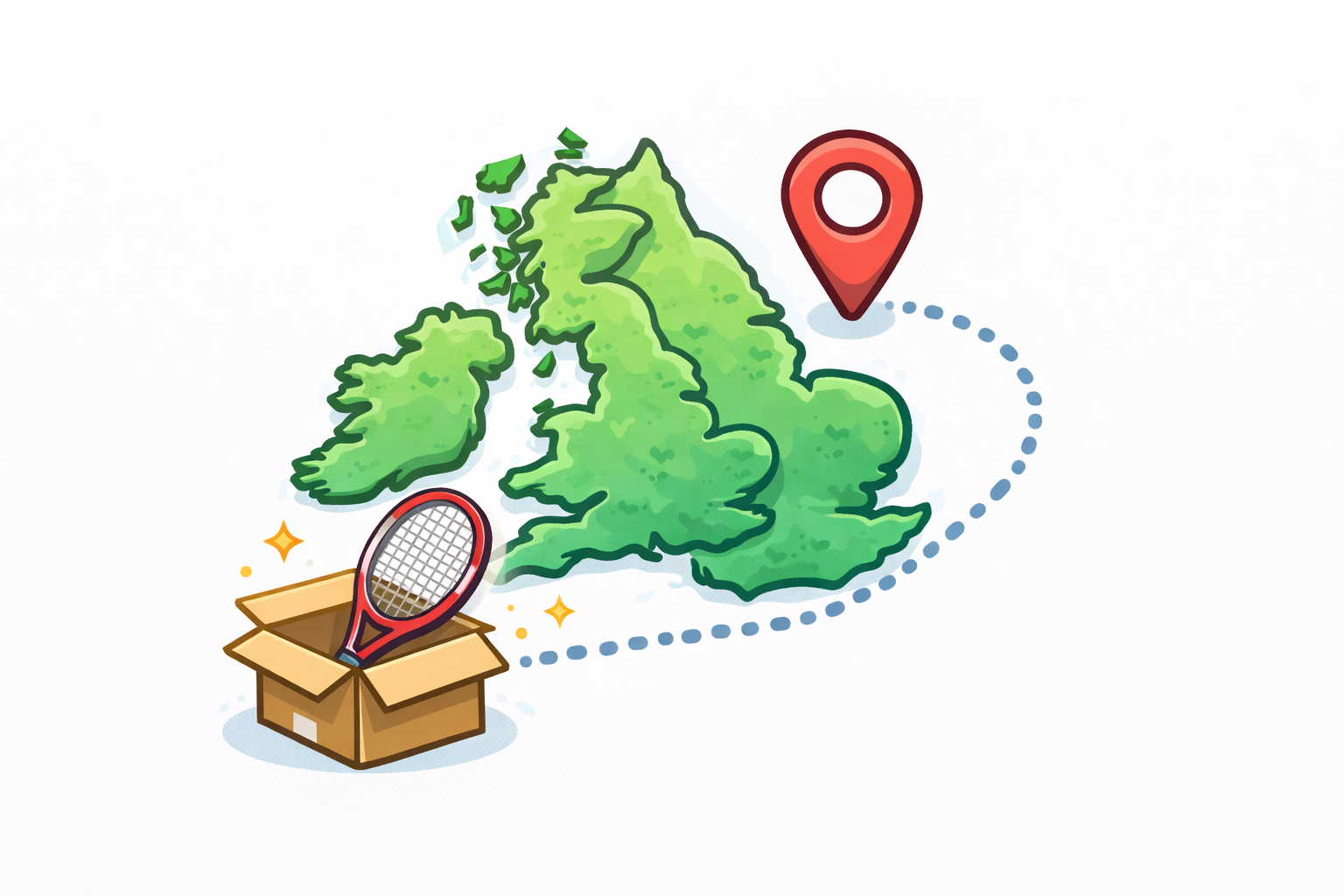 Map of Ireland with a red location pin, cardboard box, and racket on a white background