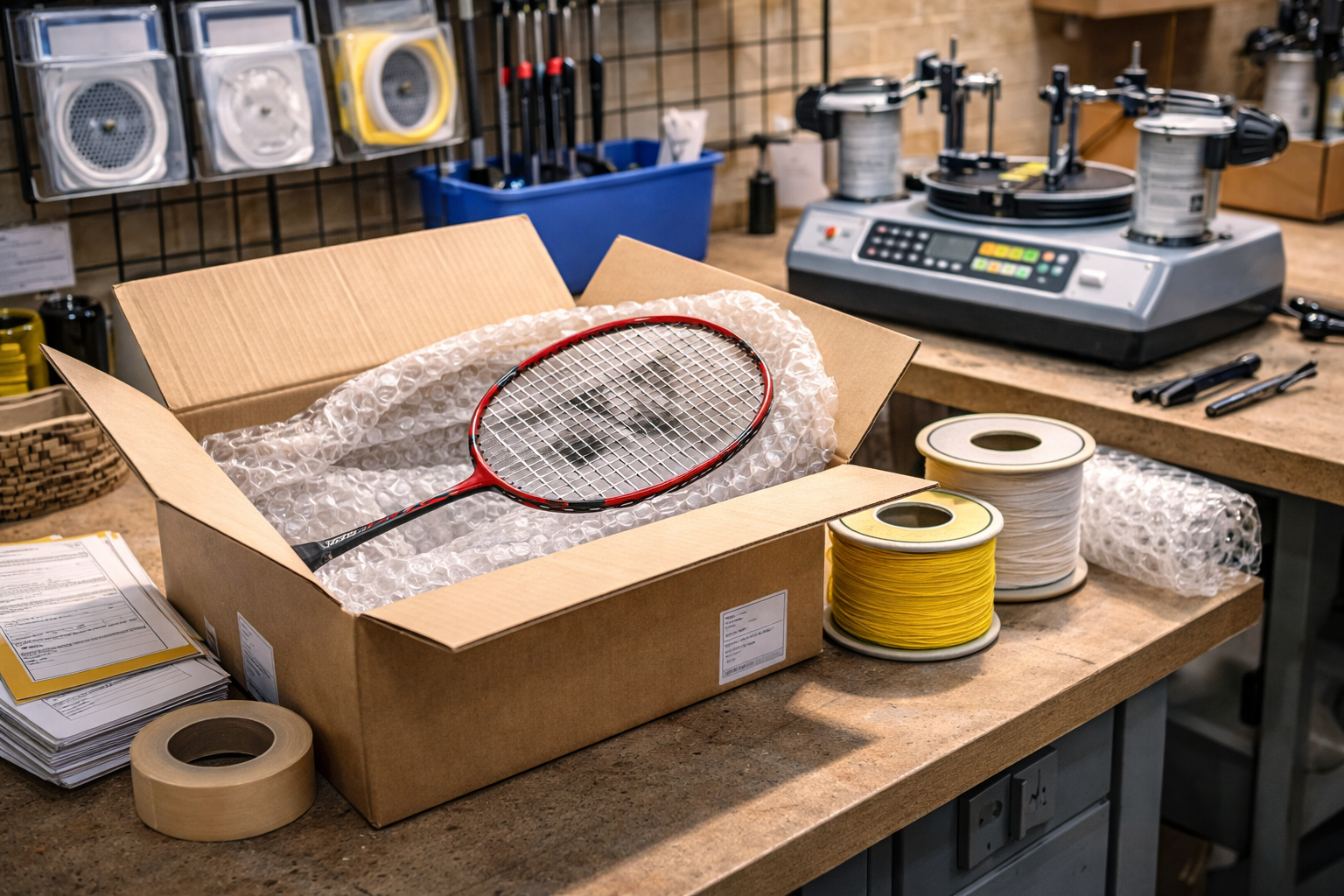 Badminton racket in a cardboard box with packaging materials on a workbench.