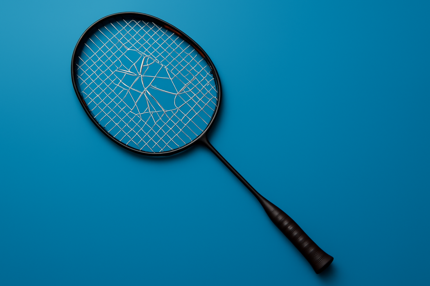 A badminton racket with broken strings on a blue background