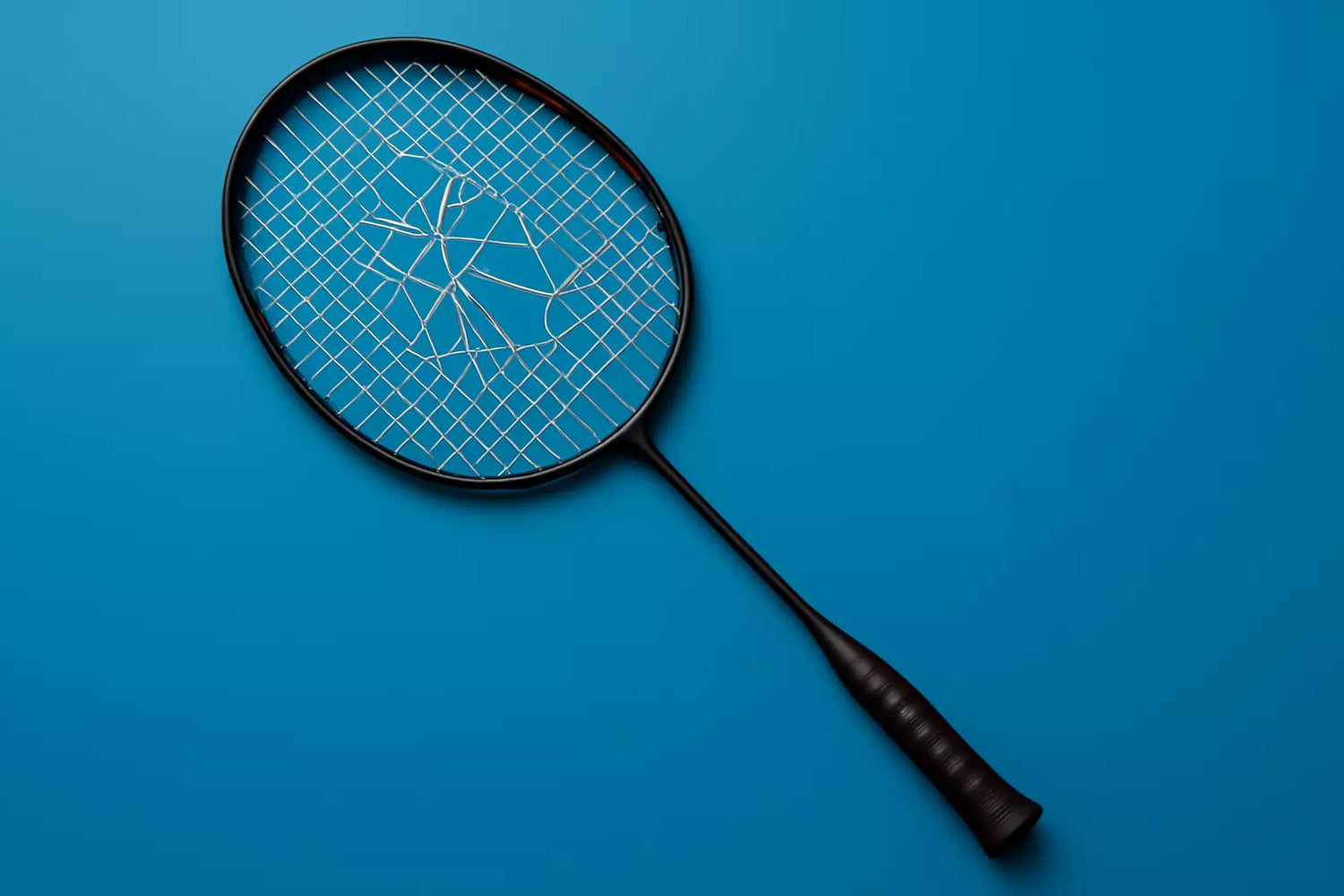 Badminton racket with broken strings on a blue background