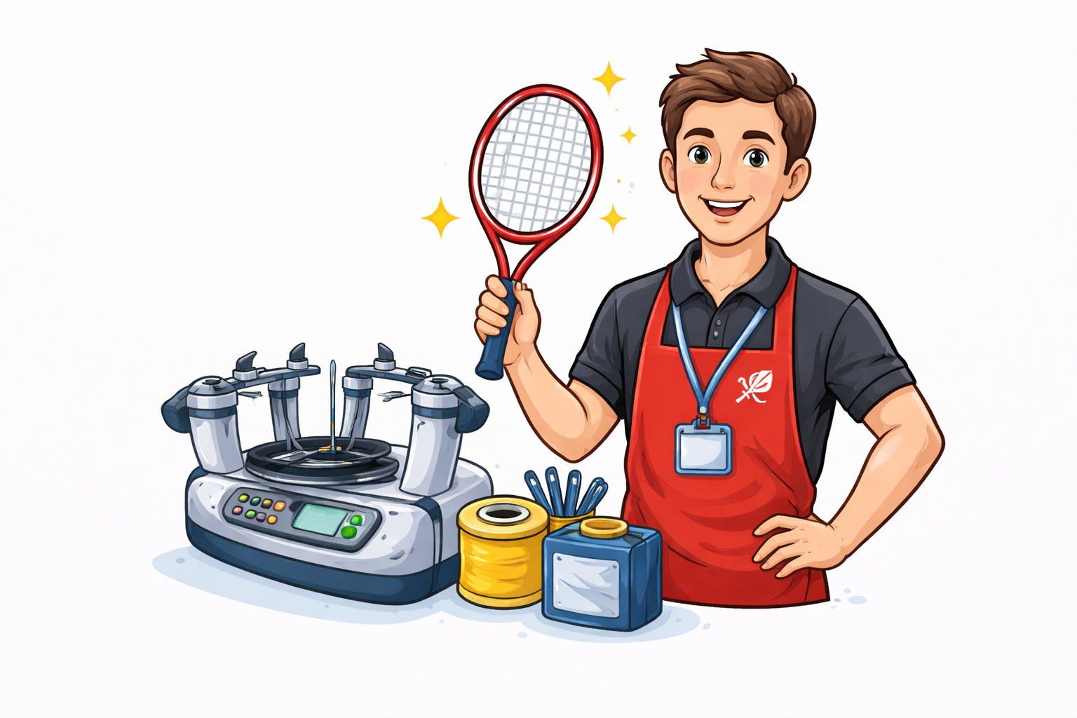 Illustration of a person in a red apron holding a badminton racket next to a badminton stringing machine.