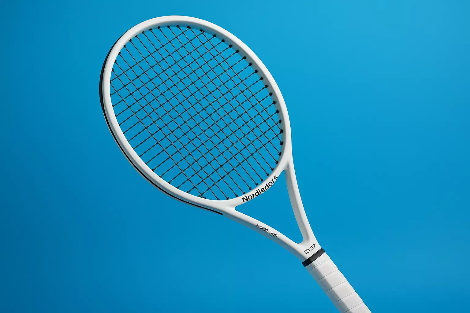 Nordicdots Model 100 tennis racket in white with Nordicfots TS127 strings in black, with a blue background and anti clockwise racket orientation to the left