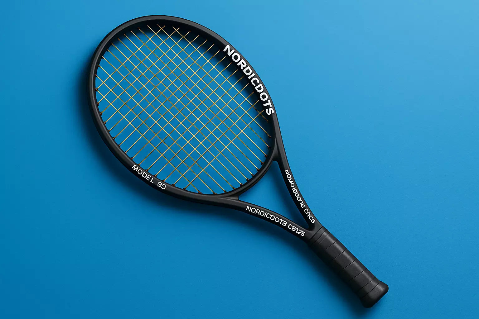 Nordicdots Model 99 tennis racket with Nordicfots CS125 strings in gold, with a blue background and anti clockwise racket orientation to the left