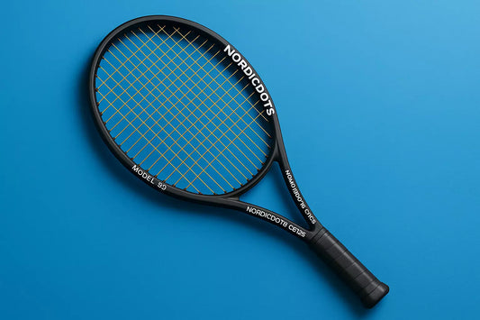 Nordicdots Model 99 tennis racket with Nordicfots CS125 strings in gold, with a blue background and anti clockwise racket orientation to the left