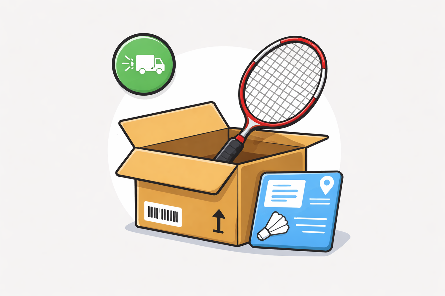 Cartoon illustration of a cardboard box with a racket, shuttlecock, and package label, with a green delivery icon.
