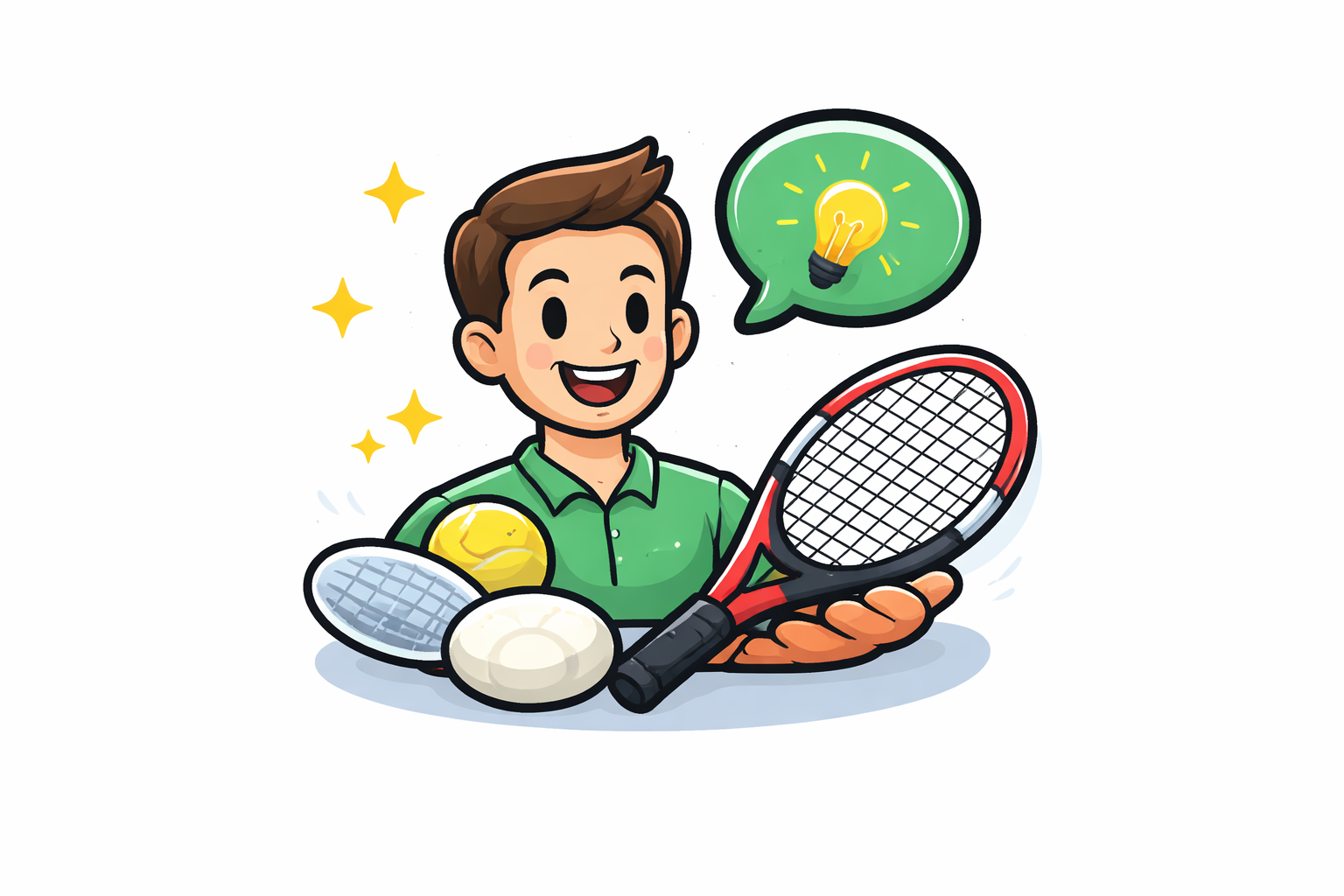 Cartoon character holding a tennis racket and balls with a light bulb icon above, on a white background