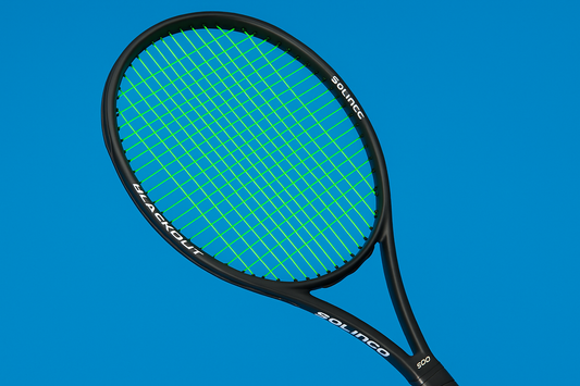 Solinco Blackout 300 tennis racket with Solinco Hyper G Soft strings in bright green on a blue background with an anti clockwise rotation of the racket