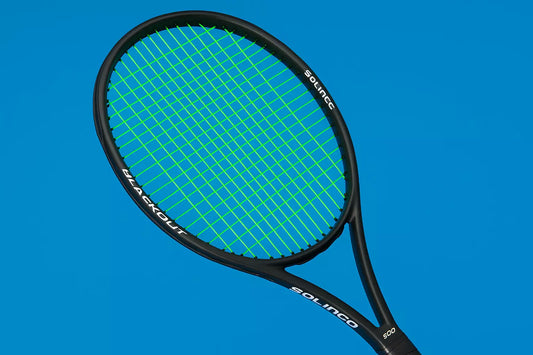 Solinco Blackout 300 tennis racket with Solinco Hyper G Soft strings in bright green on a blue background with an anti clockwise rotation of the racket