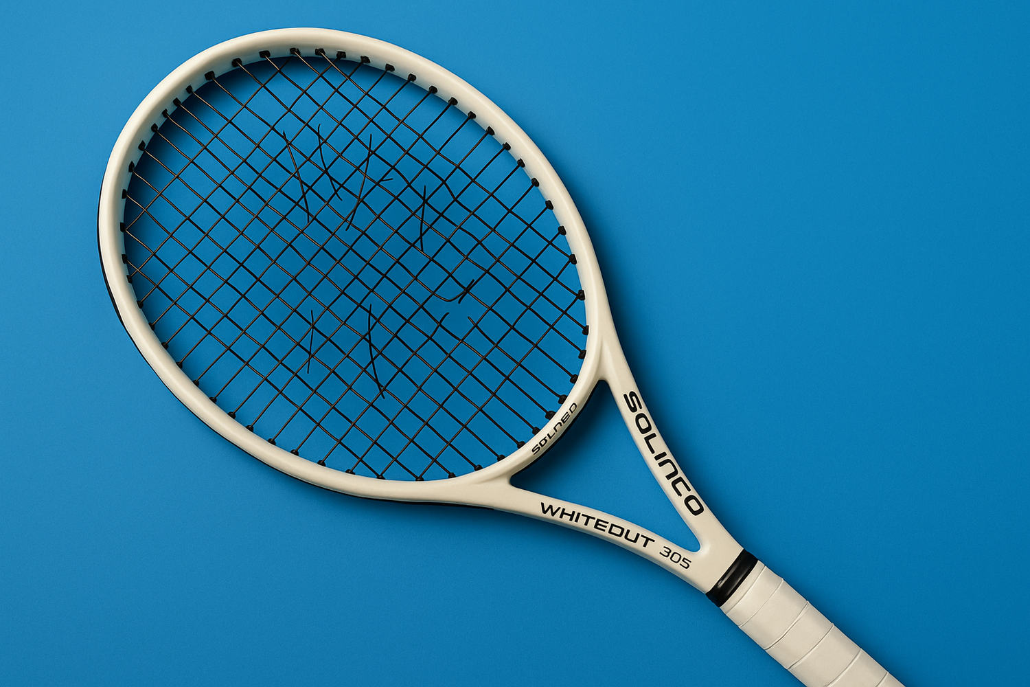 Solinco Whiteout 305 tennis racket with broken strings on a blue background