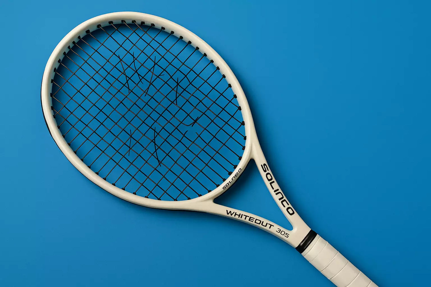 Solinco Whiteout 305 tennis racket with broken strings on a blue background