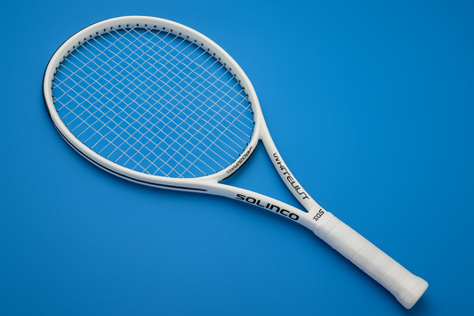 Solinco Whiteout 305 tennis racket with Solinco Vanquish strings in clear, on a blue background with an anti-clockwise racket orientation