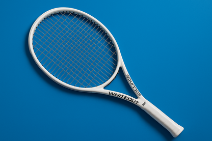 Solinco Whiteout 305 V2 tennis racket with Solinco Tour Bite strings in silver, on a blue background with an anti-clockwise rotations of the racket