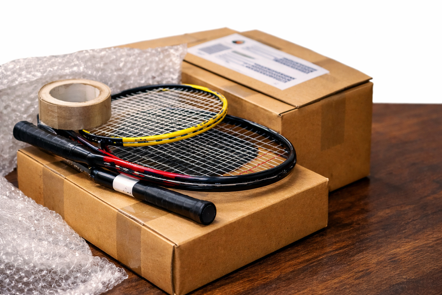 Two tennis rackets on a cardboard box with bubble wrap and tape, against a white background.
