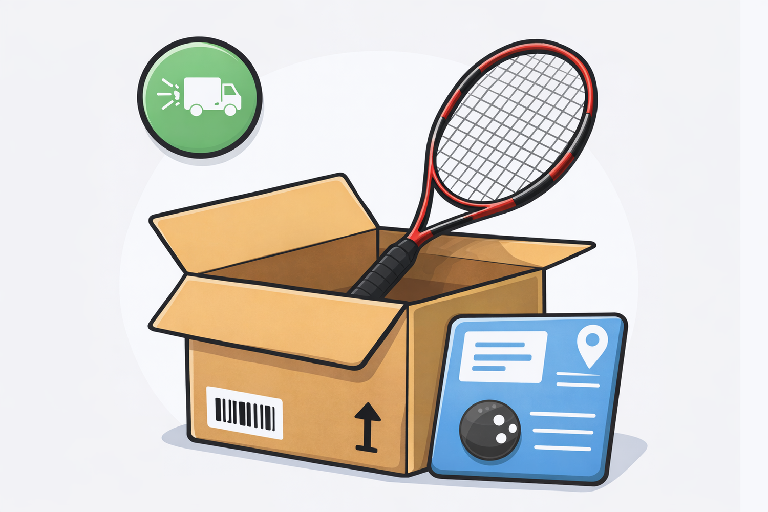 Cartoon illustration of a squash racket in an open cardboard box with a shipping label and icon.