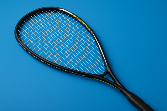 Squash racket with Ashaway SuperNick XL strings on blue background