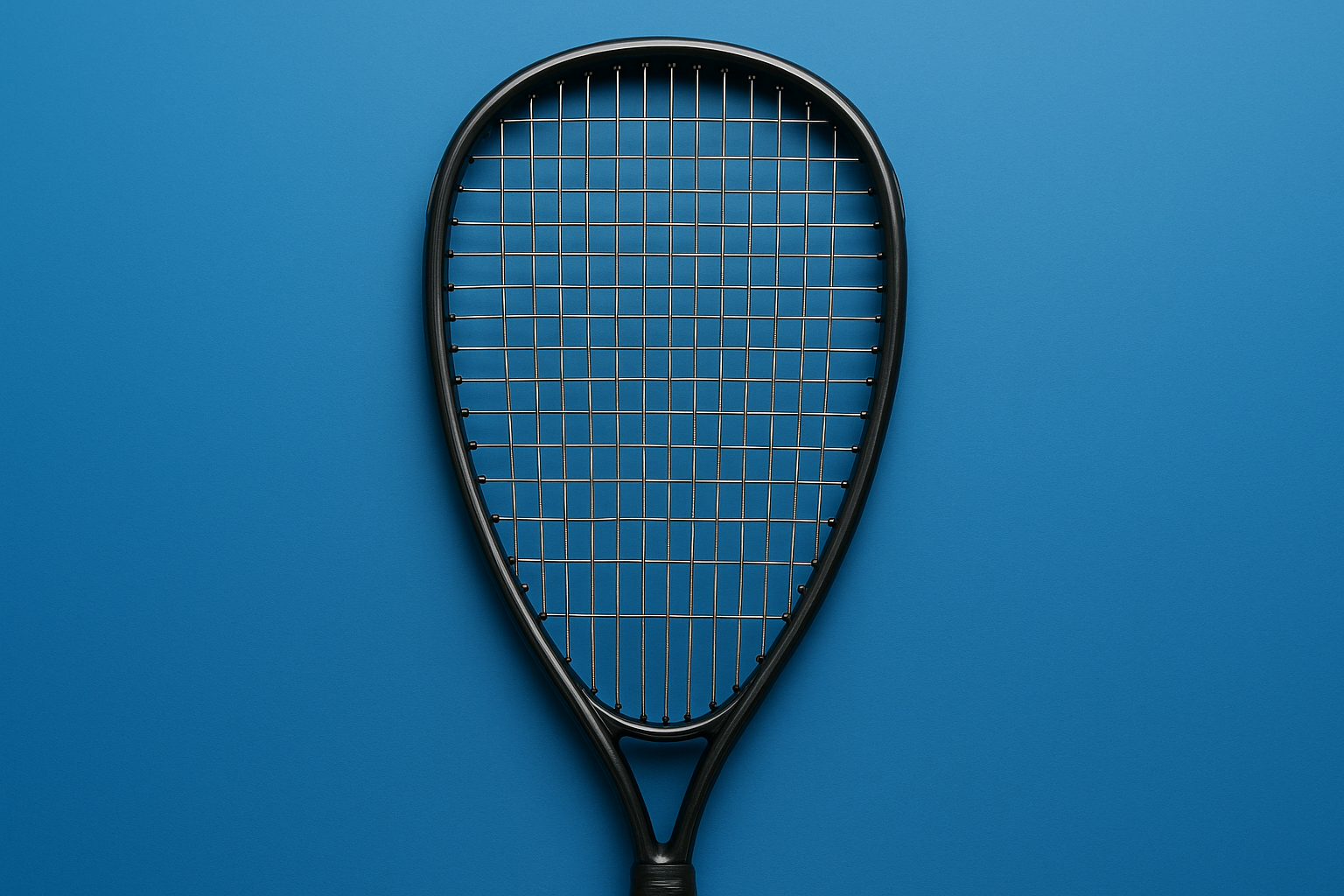 Squash racket with Ashaway SuperNick XL Titanium strings on a blue background