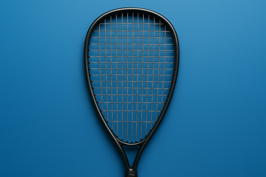 Squash racket with Ashaway SuperNick XL Titanium strings on a blue background