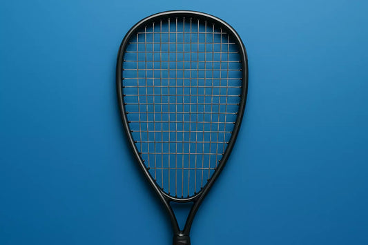 Squash racket with Ashaway SuperNick XL Titanium strings on a blue background
