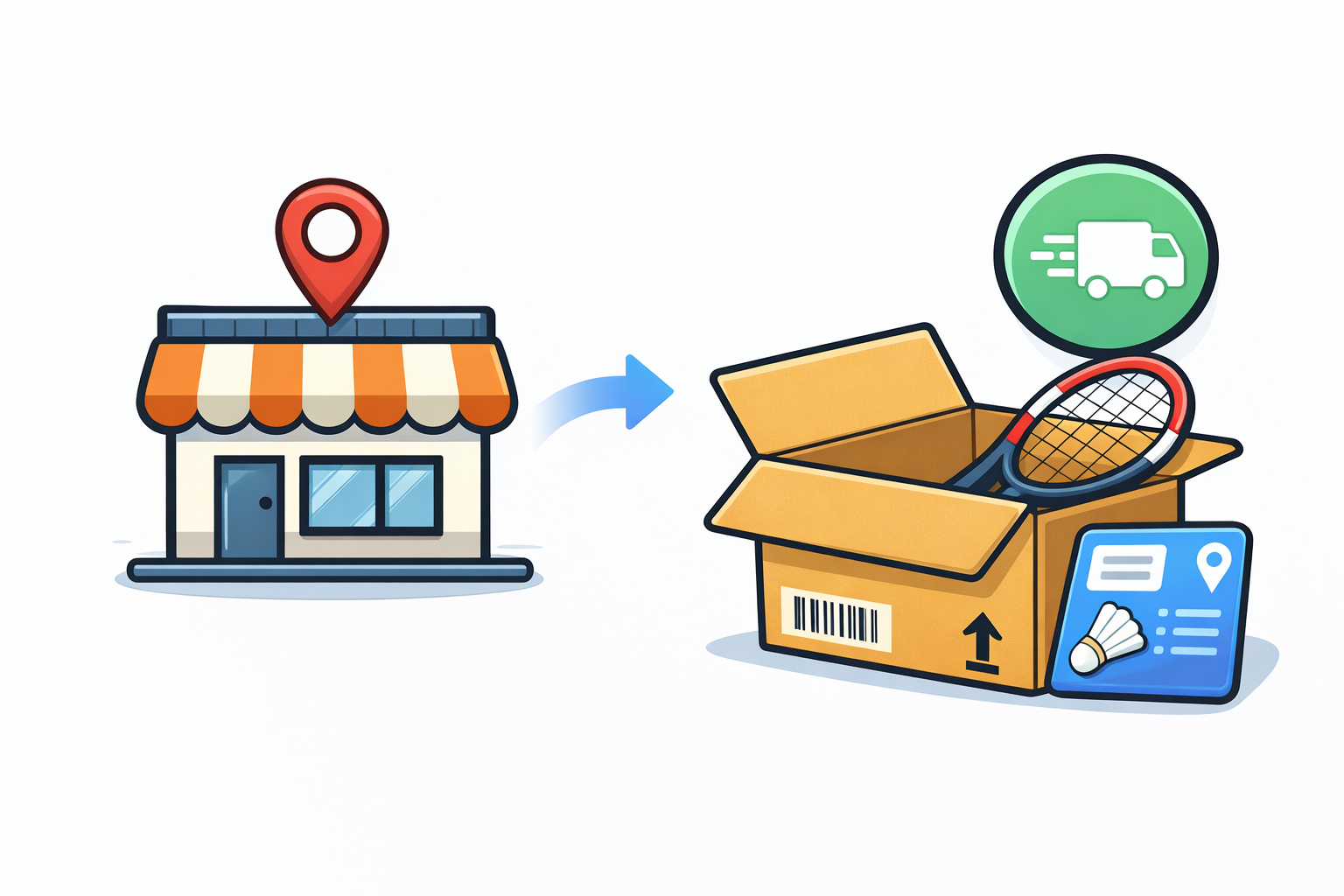 Illustration of a store with a location pin, an open box with a racket and shuttlecock, and a delivery icon.