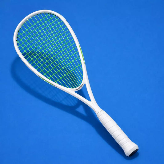 White squash racket with Tecnifibre 305 strings in green on a blue background