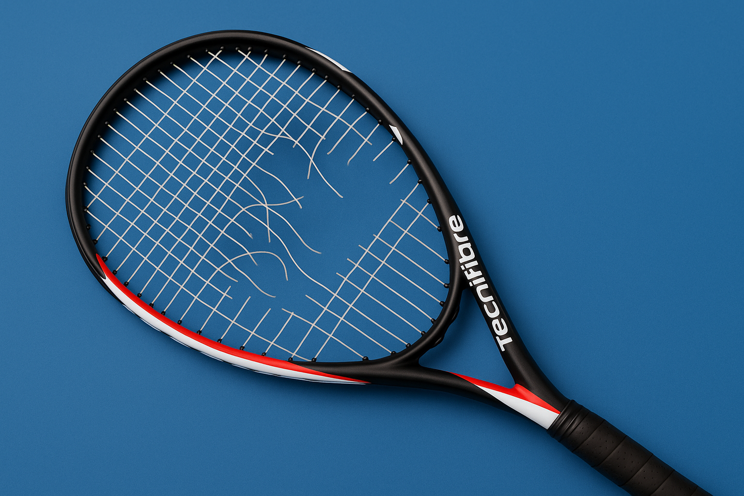 Tecnifibre squash racket with broken strings on a blue background and with an anti clockwise racket orientation