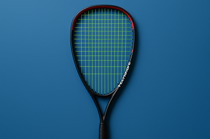 Tecnifibre squash racket with Tecnifibre Squash 305 strings in green on a blue background