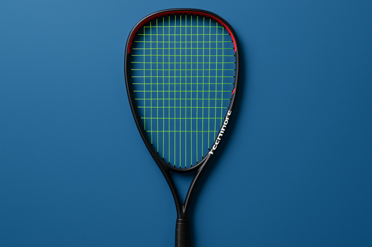 Tecnifibre squash racket with Tecnifibre Squash 305 strings in green on a blue background