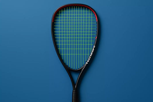 Tecnifibre squash racket with Tecnifibre Squash 305 strings in green on a blue background