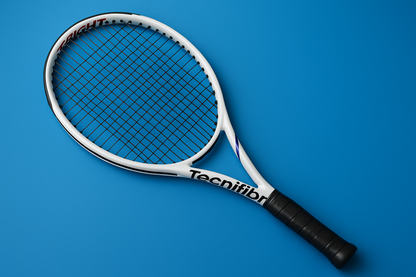 Tecnifibre T-Fight tennis racket with Tecnifibre synthetic gut strings in black on a blue background with an anti clockwise rotation of the racket